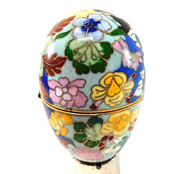 Old Cloisonne Enamel Hinged Egg Trinket Box with Stand  5" - Picture 4 of 8